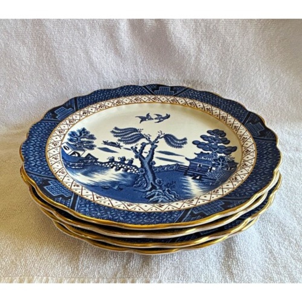 Set of 4 Booths Soup Bowls Real Old Willow A8025 Blue Gold Rim 8.5in Vintage